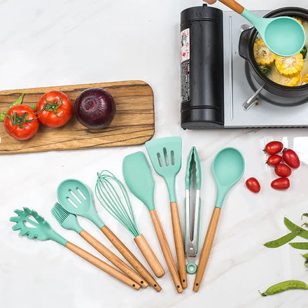 Wooden Elegance Silicone Kitchen Utensil Set with Holder for Amazon FBA