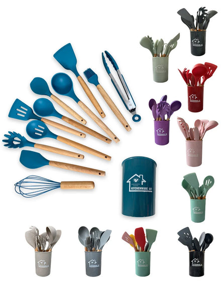 12-Piece Silicone Kitchen Utensil Set with Wooden Handles For Amazon Dropshipping
