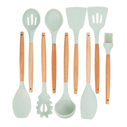 Silicone Kitchen Utensil Set with Wooden Handles For Amazon dropshipping