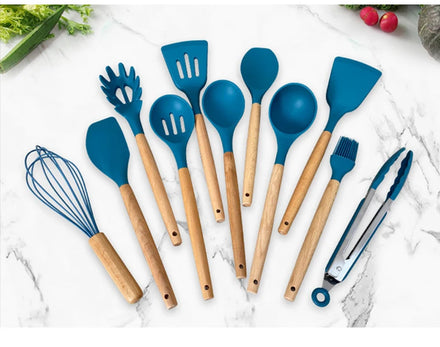 12-Piece Silicone Kitchen Utensil Set with Wooden Handles For Amazon Dropshipping