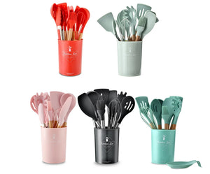 Silicone Kitchen Utensil Set with Wooden Handles For Amazon dropshipping